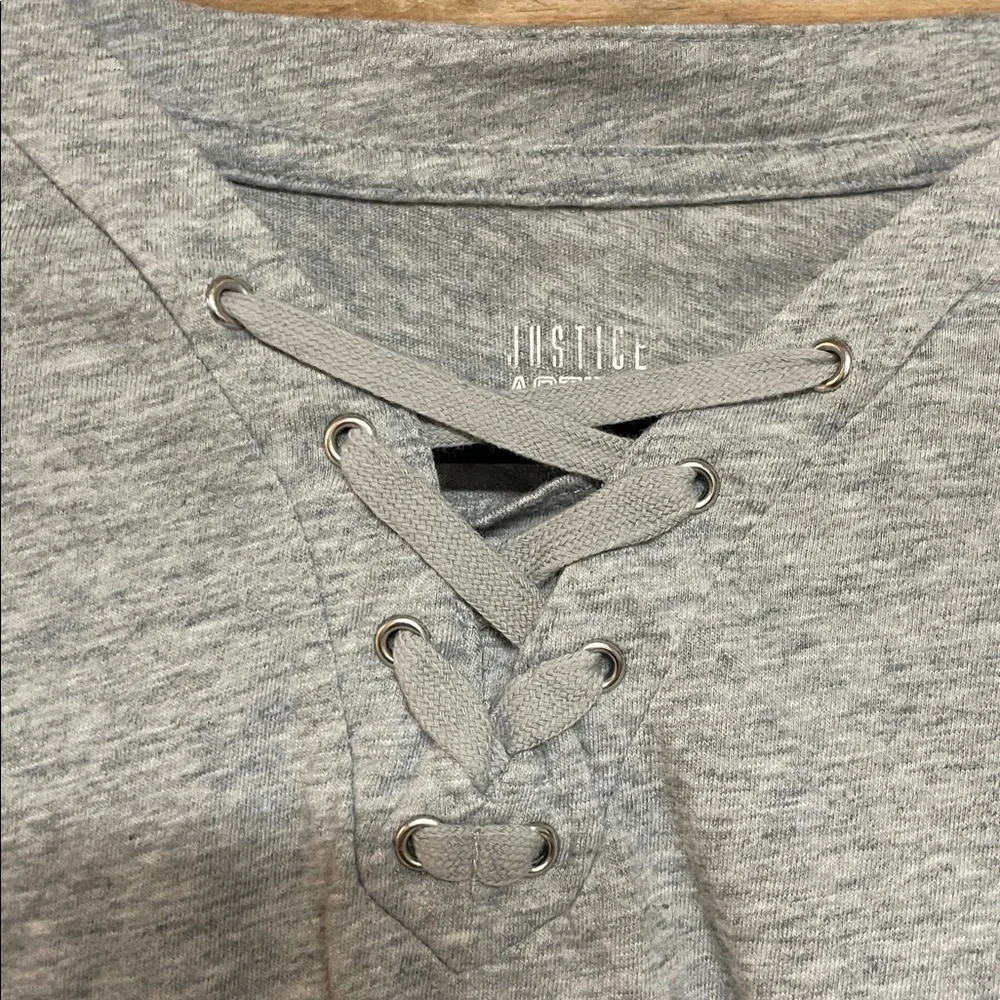 Justice Active size 10 Gray Long Sleeve Soft Lace-up Stretchy T-Shirt with Logo